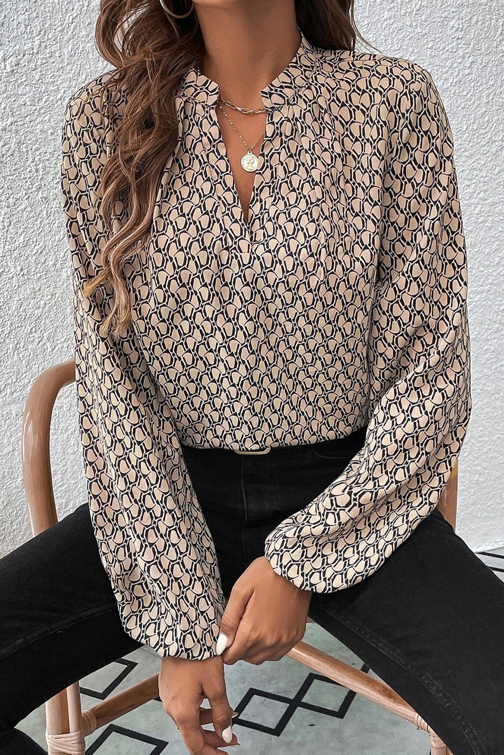 Khaki Geometric Print Notched Neck Puff Sleeve Blouse eAura
