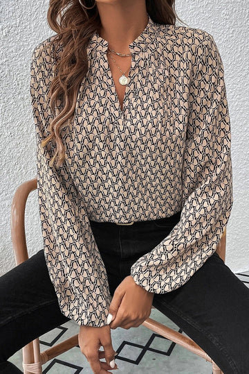 Khaki Geometric Print Notched Neck Puff Sleeve Blouse eAura
