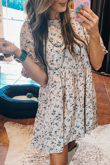 Beige Floral Puff Short Sleeve Empire Waist Mini Dress eAura