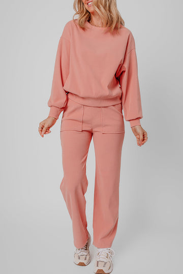 Blossom Ribbed Knit Drop Shoulder Pocketed Two Piece Lounge Set eAura