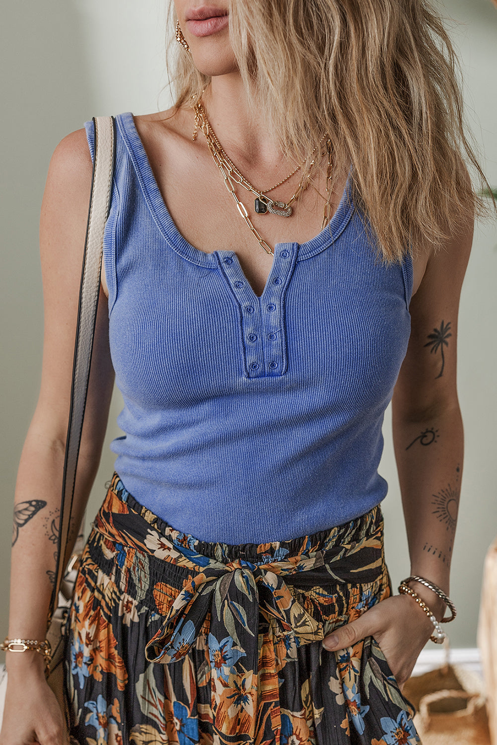 Sky Blue Mineral Wash Ribbed Notch Neck Tank Top eAura