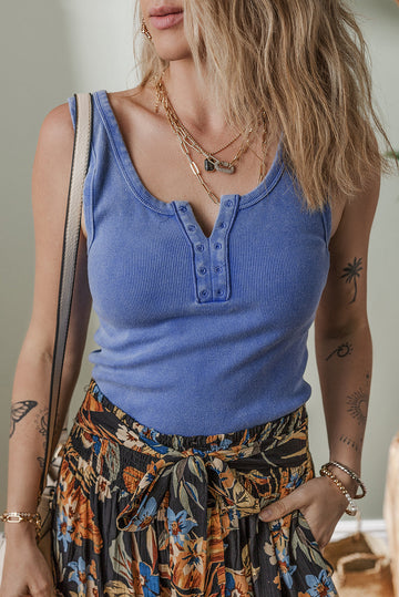 Sky Blue Mineral Wash Ribbed Notch Neck Tank Top eAura