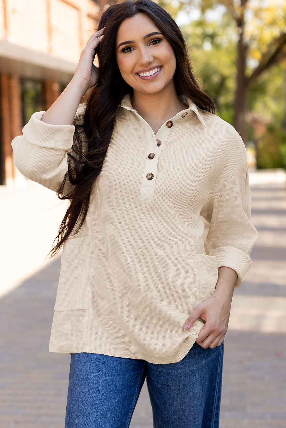 Jet Stream Waffle Long Sleeve Collar Half Button Loose Top eAura