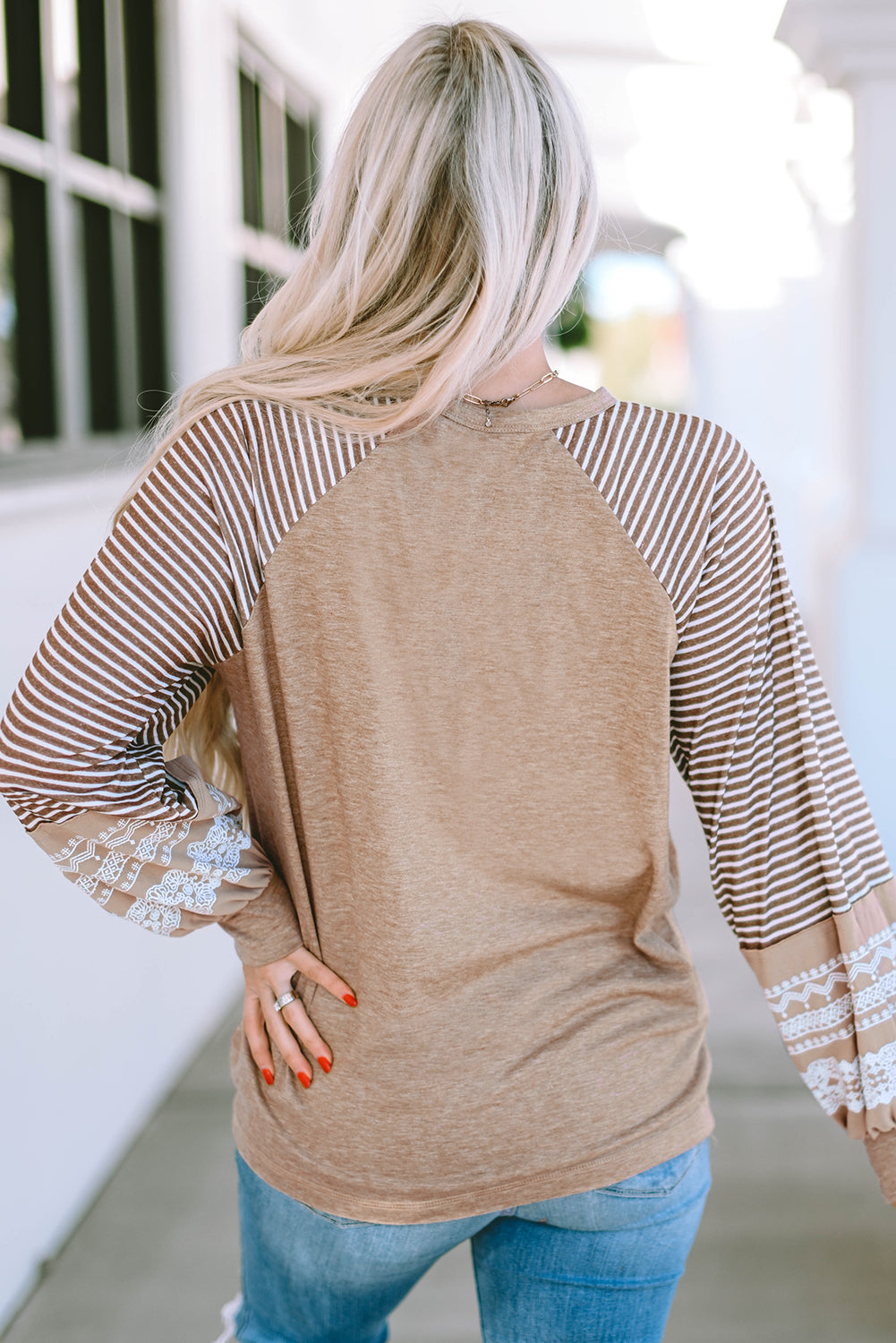 Light French Beige Floral Striped Patchwork Loose Long Sleeve Top eAura