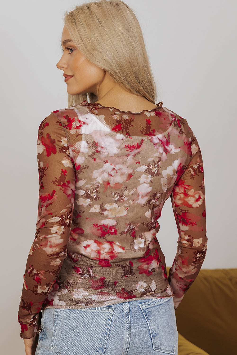 Red Floral Print Sheer Mesh Long Sleeve Top eAura