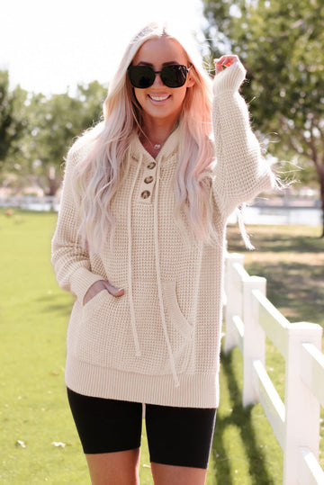 Apricot Waffle Knit Buttons Hooded Sweater with Pocket eAura