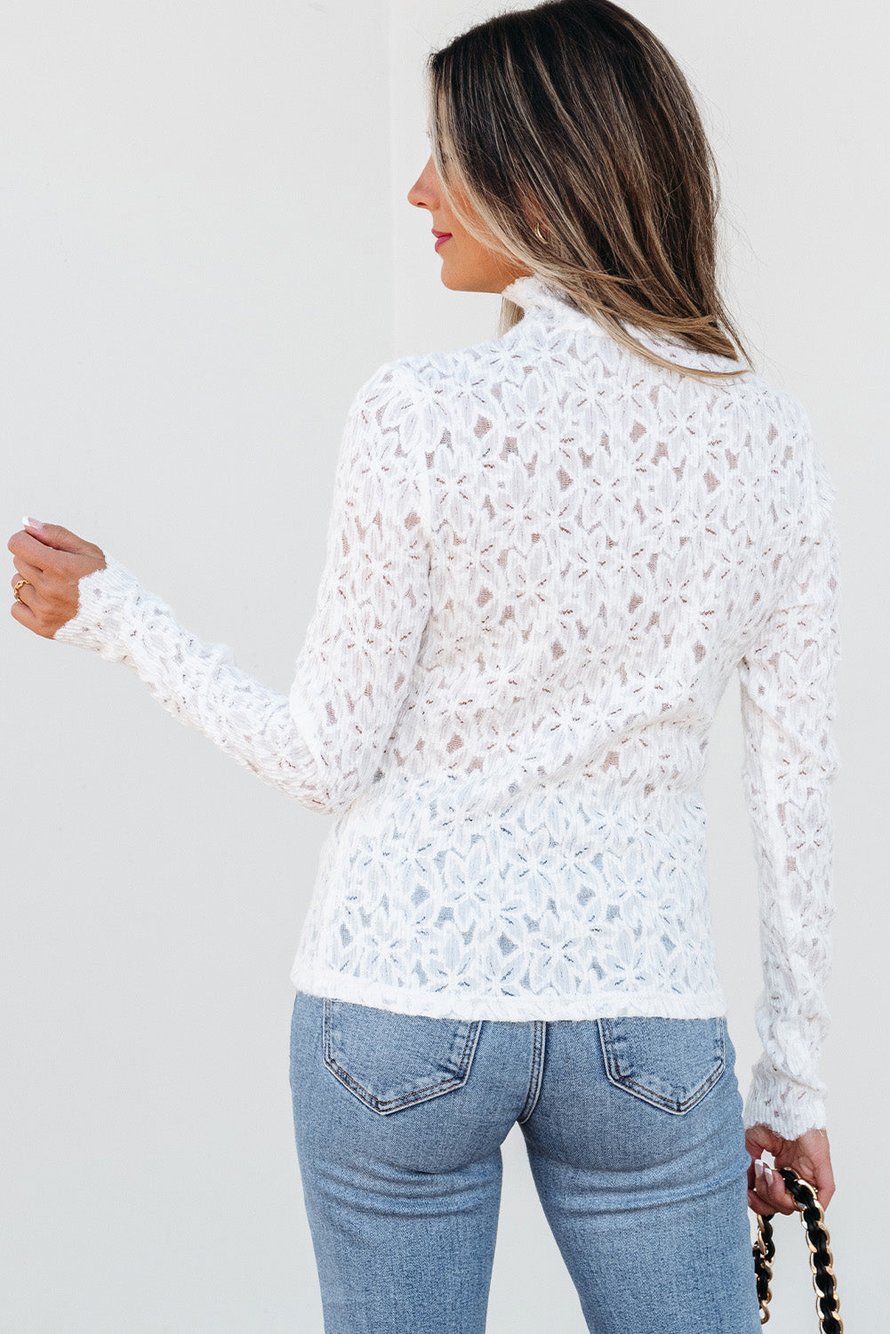 White Flower Lace See Through Mock Neck Long Sleeve Top eAura