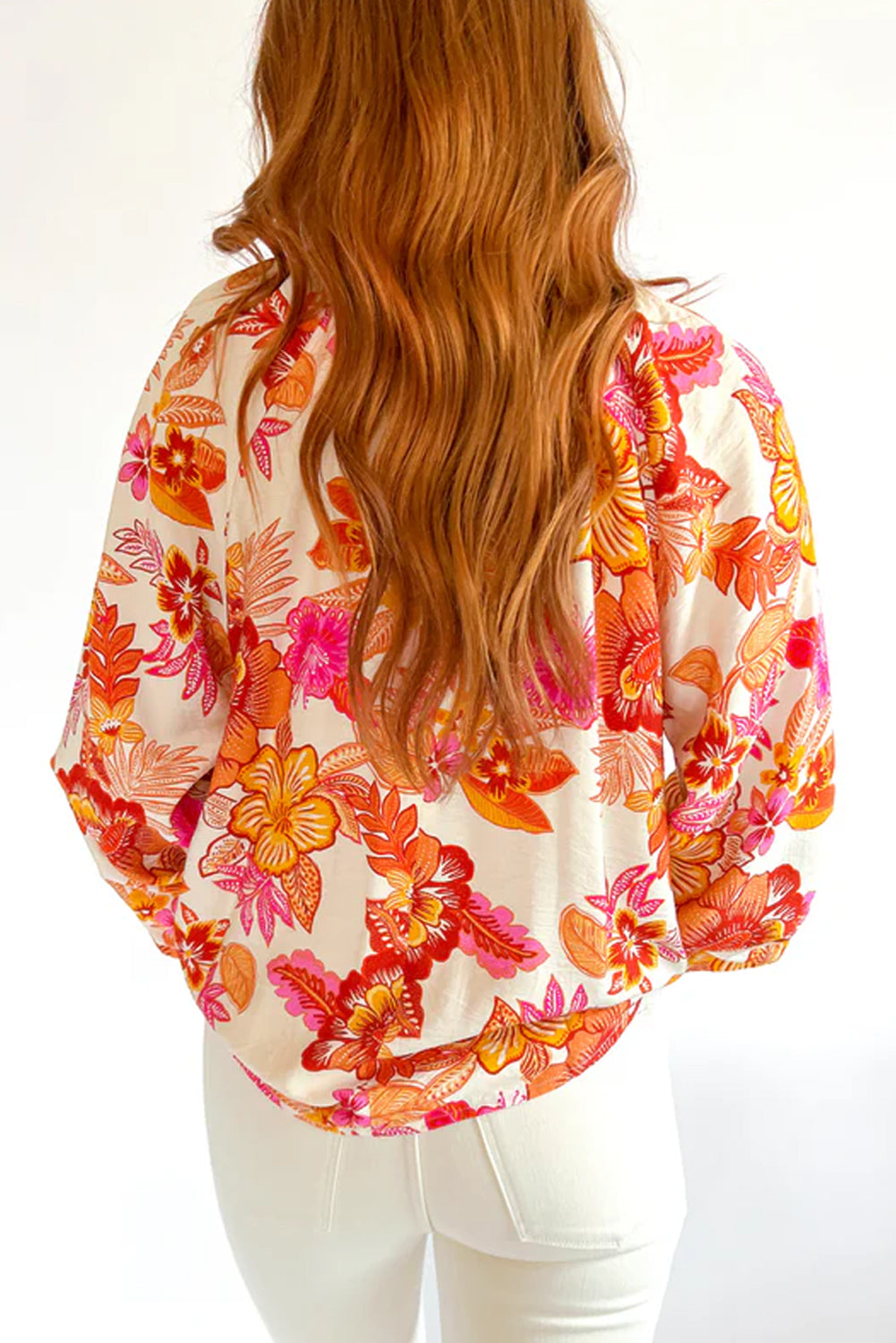Orange Floral Print Pearl Button Keyhole Long Puff Sleeve Blouse eAura