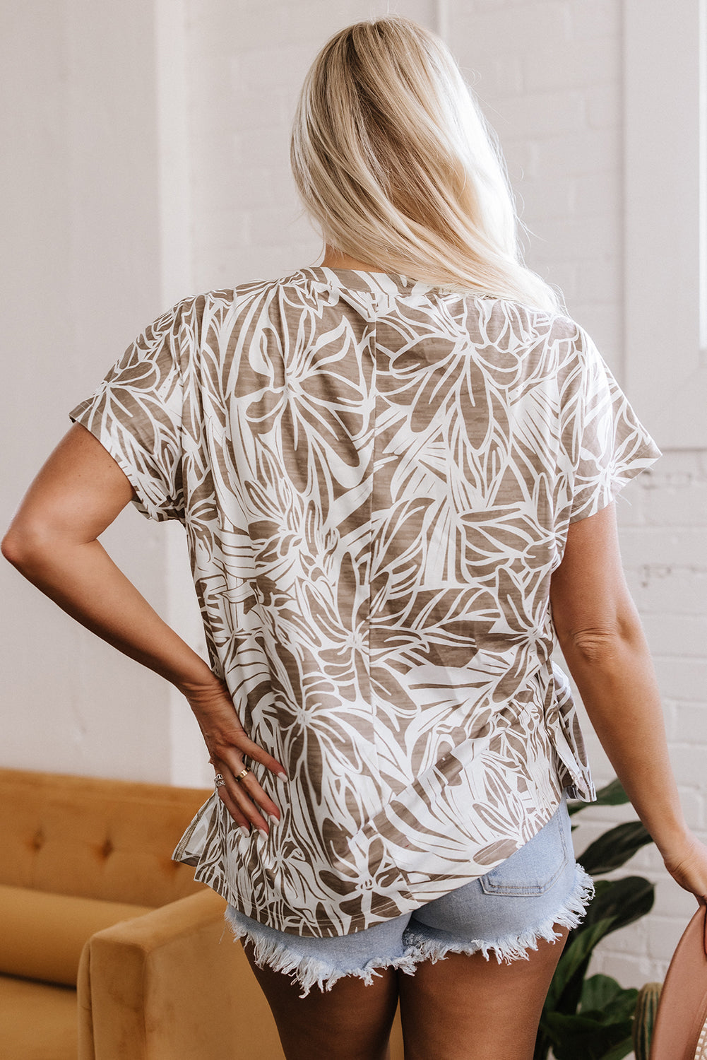 Floral Print V Neck Short Sleeve Loose Fit Top eAura