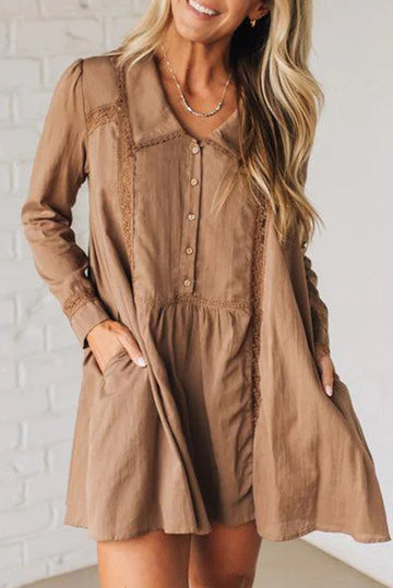 Lace Trim Peter Pan Collar Long Sleeve Mini Shirt Dress - eAura
