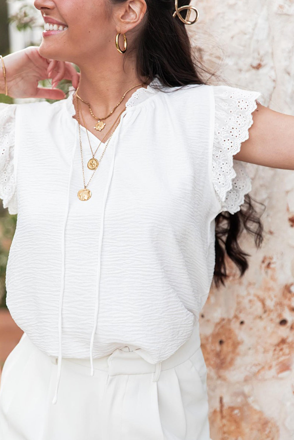 White Embroidered Ruffle Trim Textured Blouse eAura