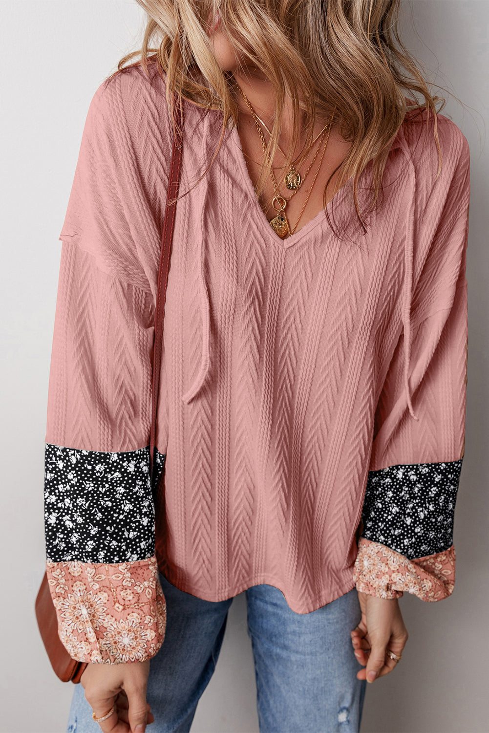 Dusty Pink Floral Patchwork Textured Knit Drawstring V Neck Blouse eAura