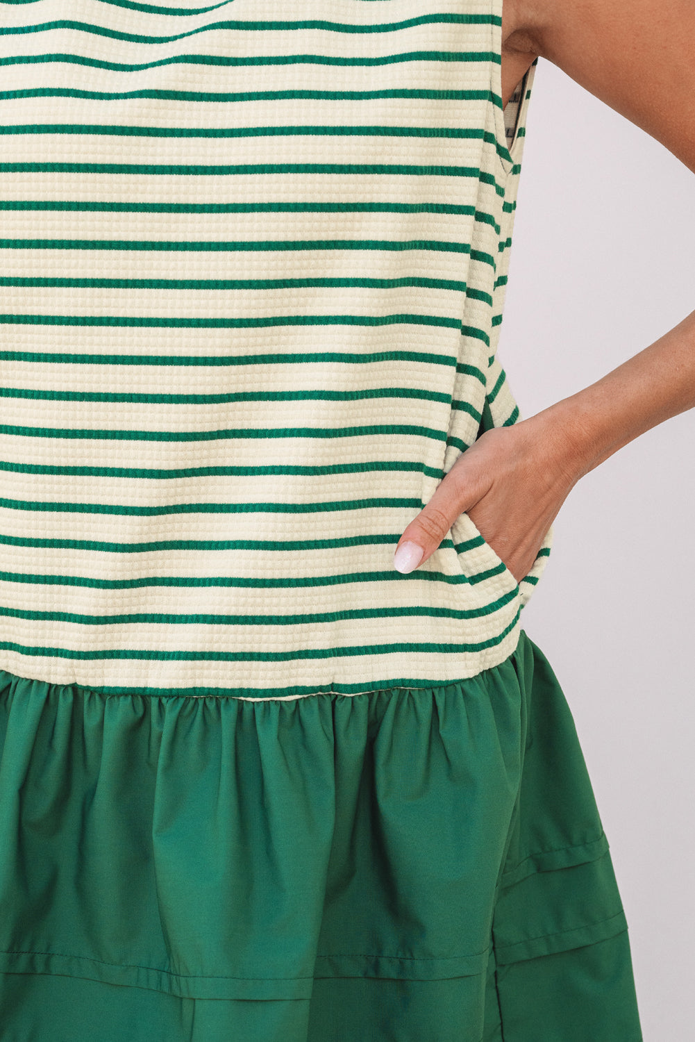 Green Stripe Woven Ruffled Sleeveless Mini Dress eAura
