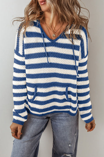 Blue Stripe V Neck Pocketed Drawstring Hooded Sweater eAura