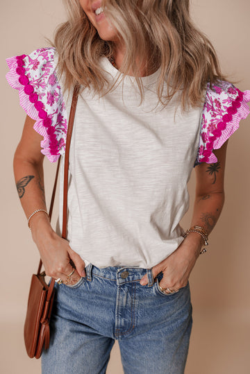 Rose Ricrac Trim Printed Flutter Sleeve Contrast Patchwork Blouse eAura