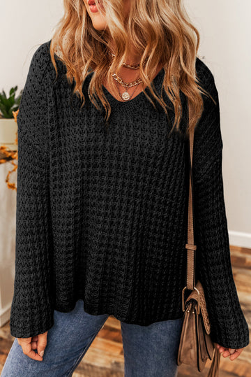 Black Hollow-out Crochet V Neck Sweater eAura