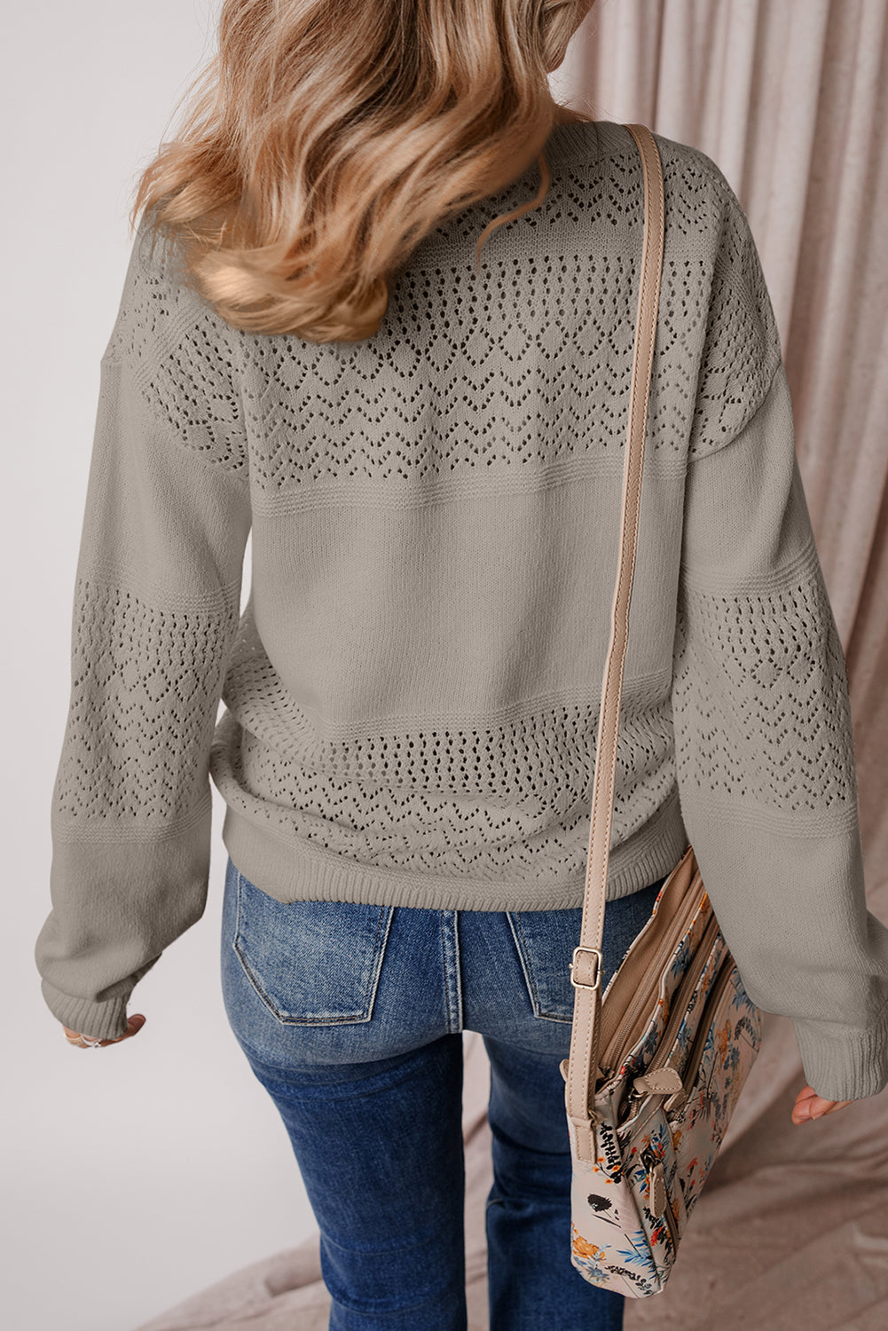 Black Eyelet Pattern Detail V Neck Drop Shoulder Sweater eAura