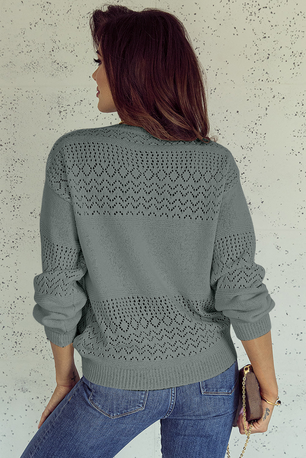 Black Eyelet Pattern Detail V Neck Drop Shoulder Sweater eAura