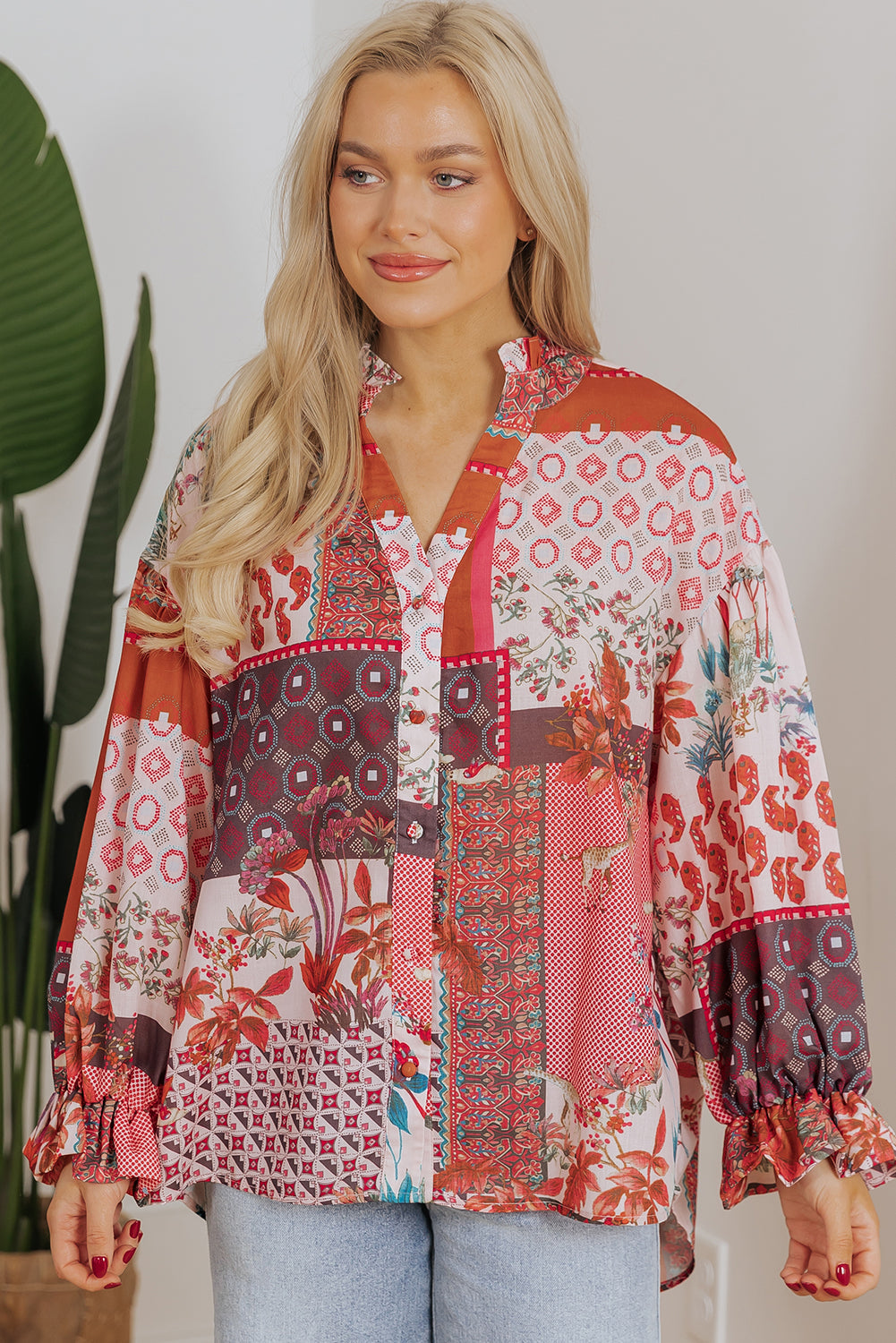 Red Boho Geometric Mixed Print Patchwork Bubble Sleeve Shirt eAura