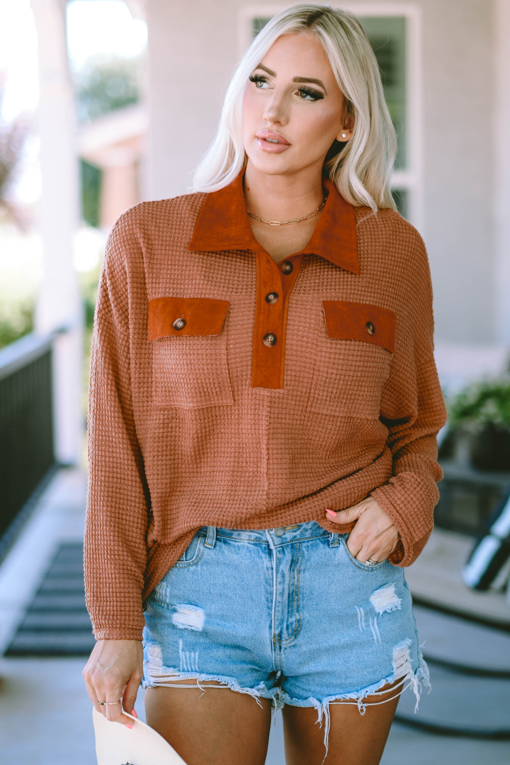 Brown Waffle Knit Button Contrast Trim Long Sleeve Top eAura