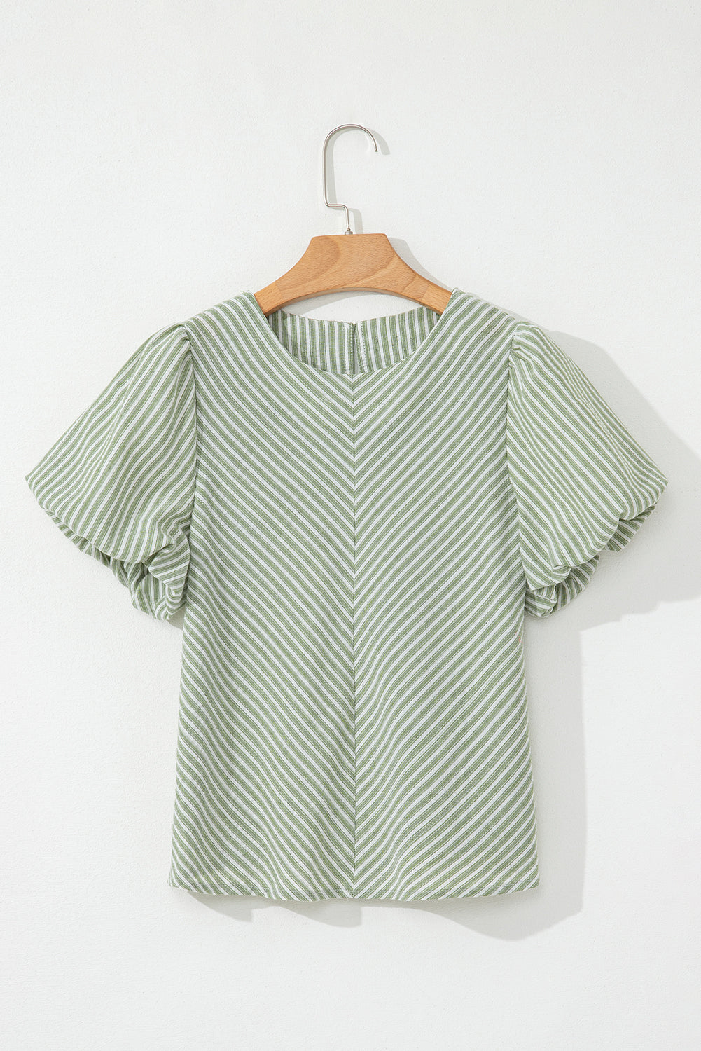 Green Stripe Textured Round Neck Short Puff Sleeve Blouse eAura