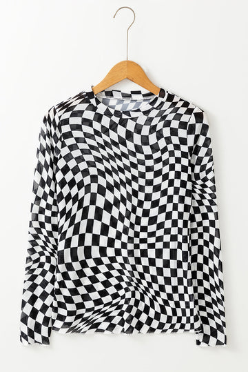 Black Checkered Pattern Mesh Mock Neck Long Sleeve Top eAura