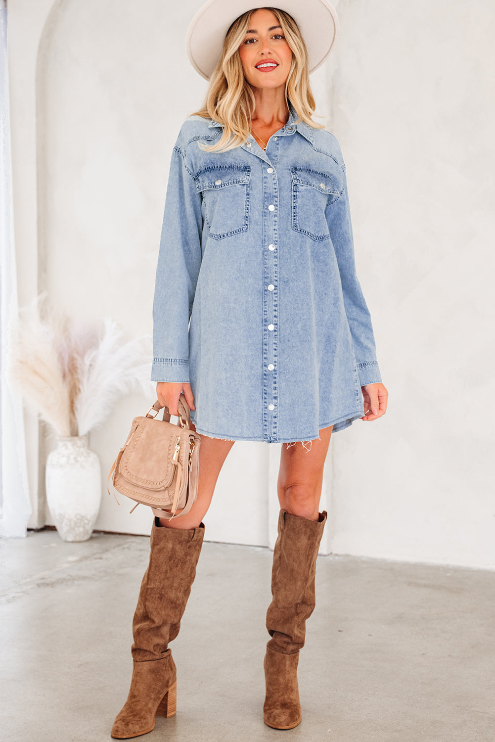Beau Blue Chest Pocket Raw Hem Denim Baggy Shirt Dress - eAura