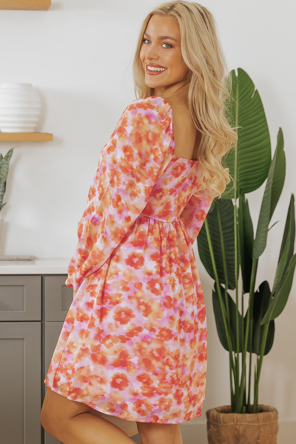 Rose Floral Print Square Neck High Waist Mini Dress eAura