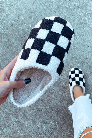Black Checkered Print Fuzzy Slip On Winter Slippers BB Fashion Outlet