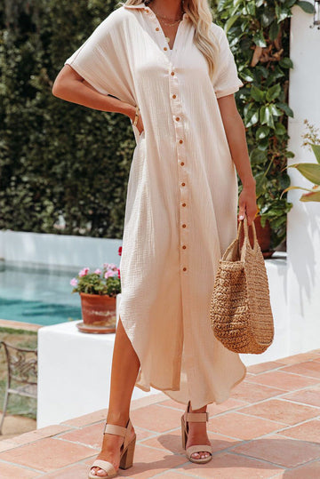 Apricot Crinkled Buttons Maxi Beach Dress with Slits eAura