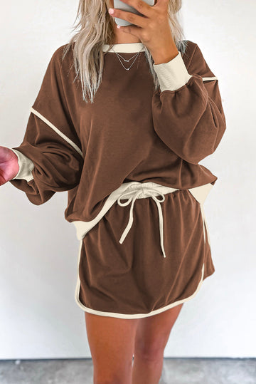 Coffee Colour Contrast Loose Pullover and Lace-up Waist Skort Set eAura