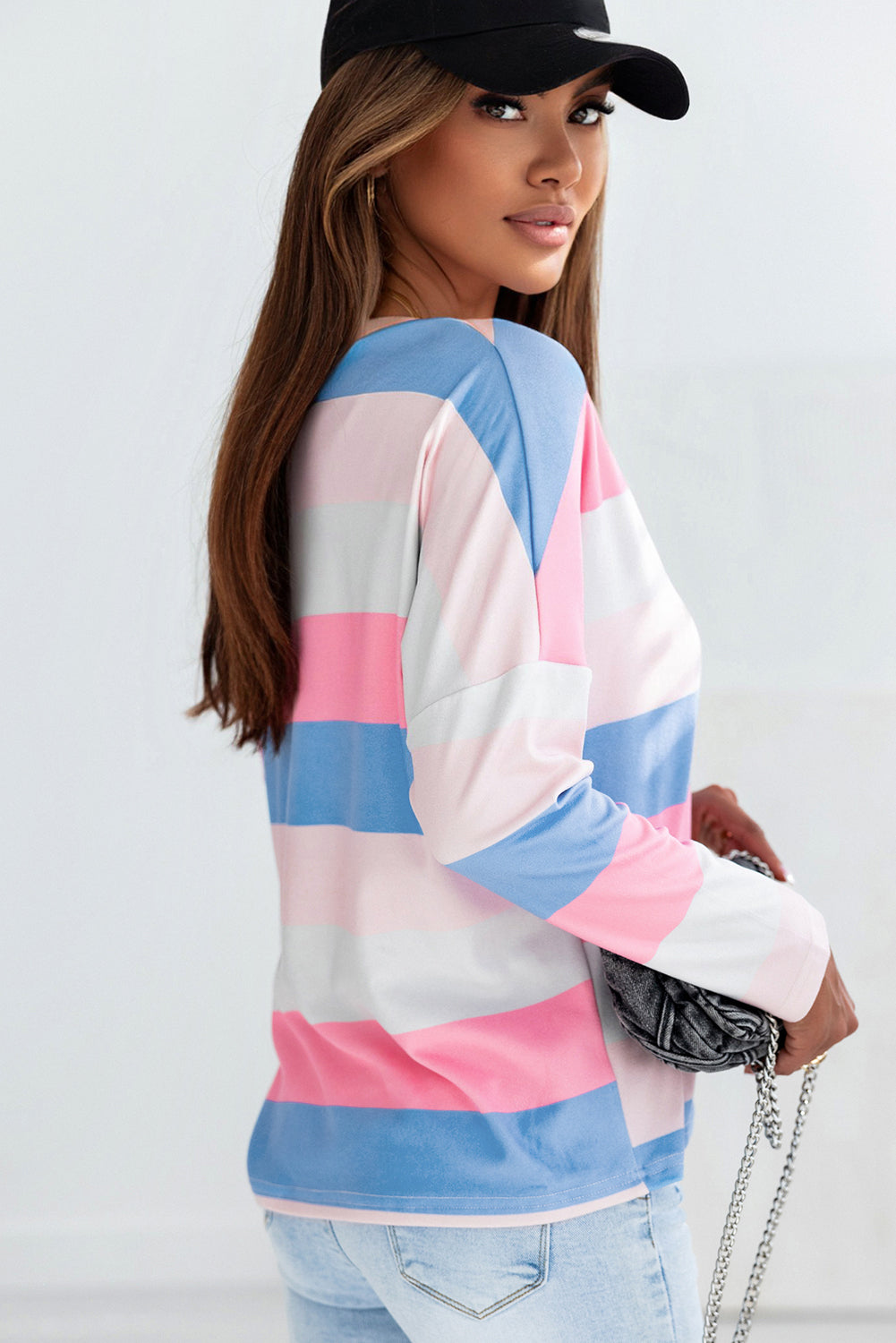 Pink Contrast Striped V Neck Long Sleeve Top eAura