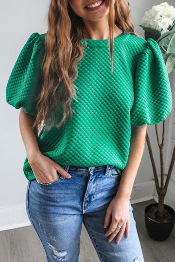 Sea Green Solid Textured O Neck Puff Sleeve Blouse eAura