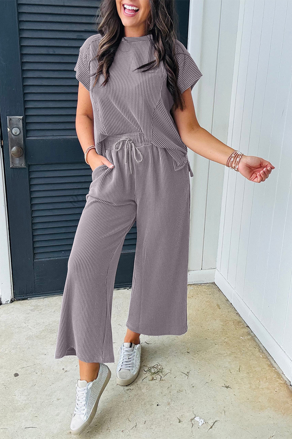 Bright Pink Solid Ribbed Knit Short Sleeve T Shirt and Wide Leg Trousers Set eAura
