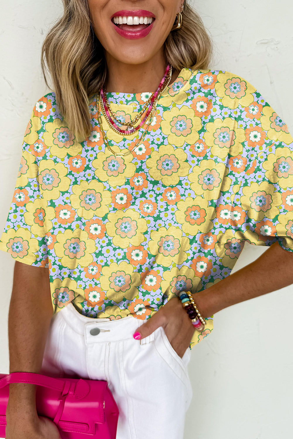 Yellow Summer Flower Printed Drop Shoulder Loose T Shirt eAura