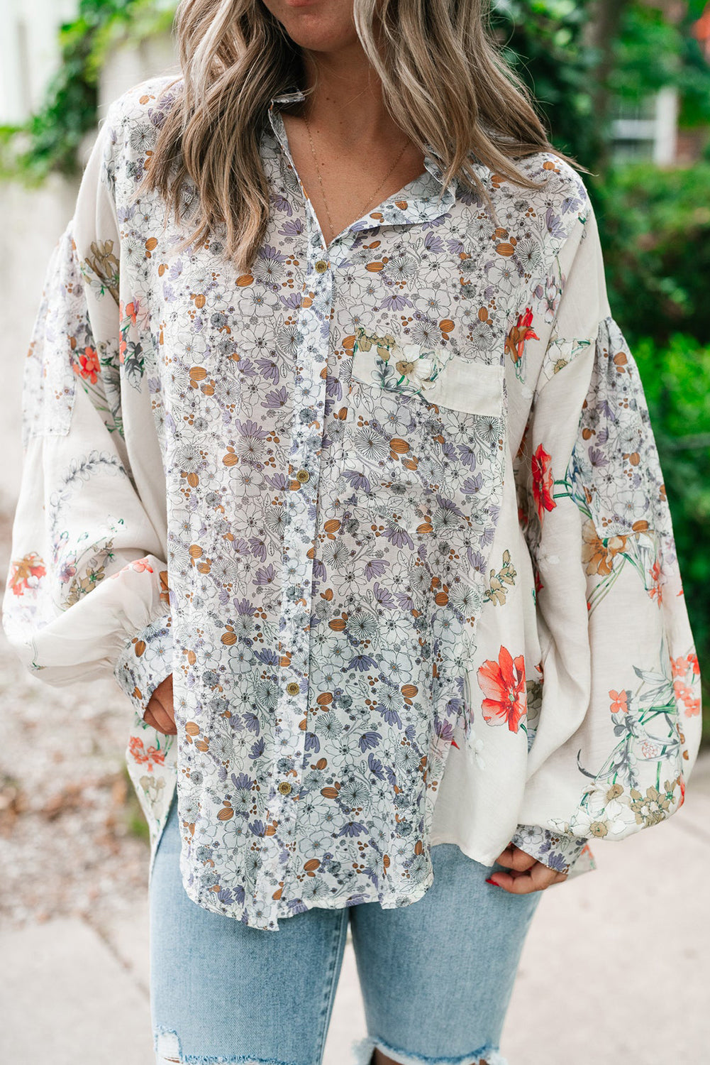Purple Boho Floral Bishop Sleeve Button Up Loose Shirt eAura