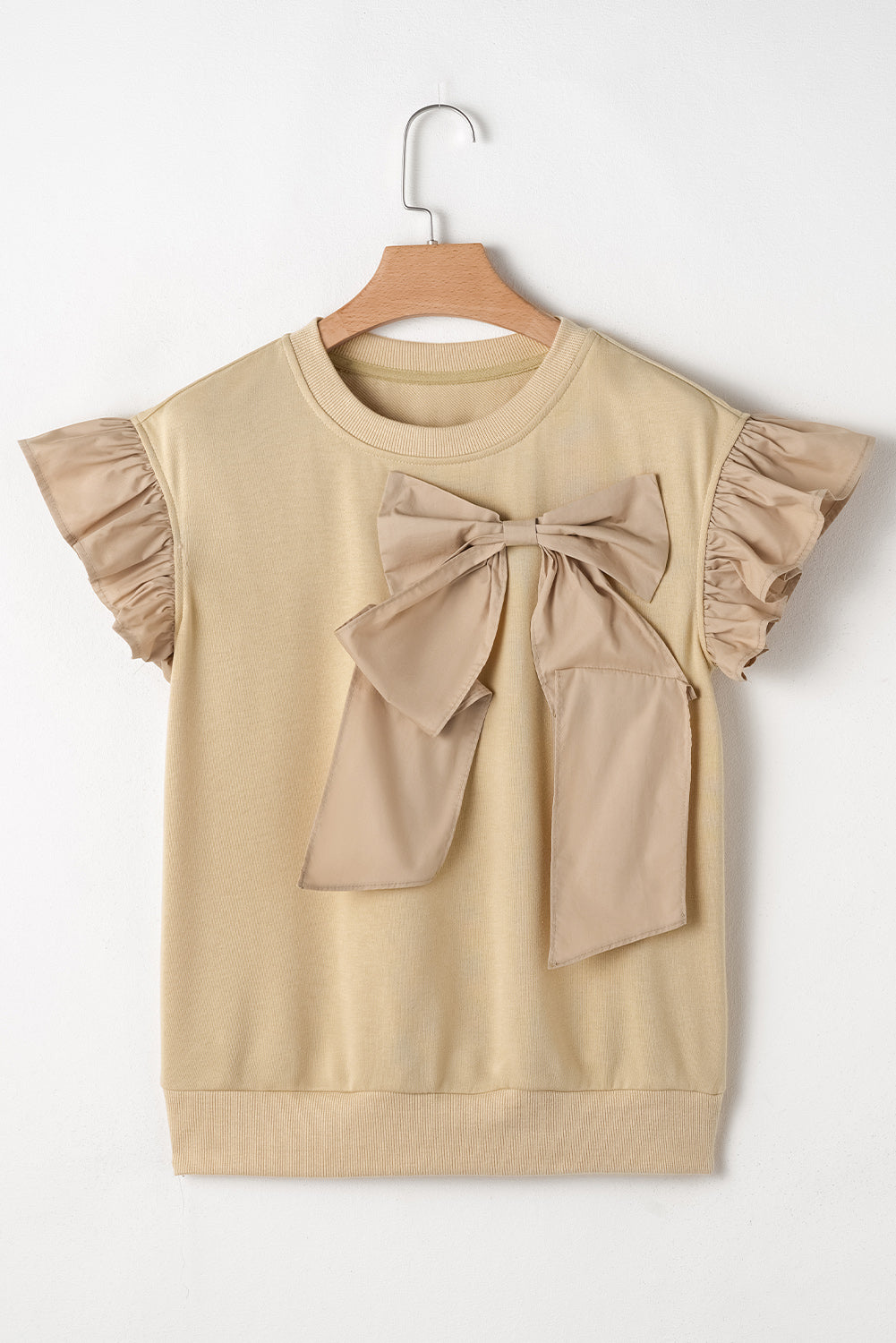 Parchment Two Tones Ribbon Bow Ruffle Sleeve Top eAura