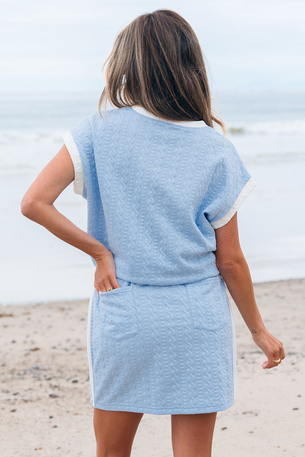 Pink Contrast Trim Textured Crewneck Tee and Pocketed Skirt Co-ord Set eAura