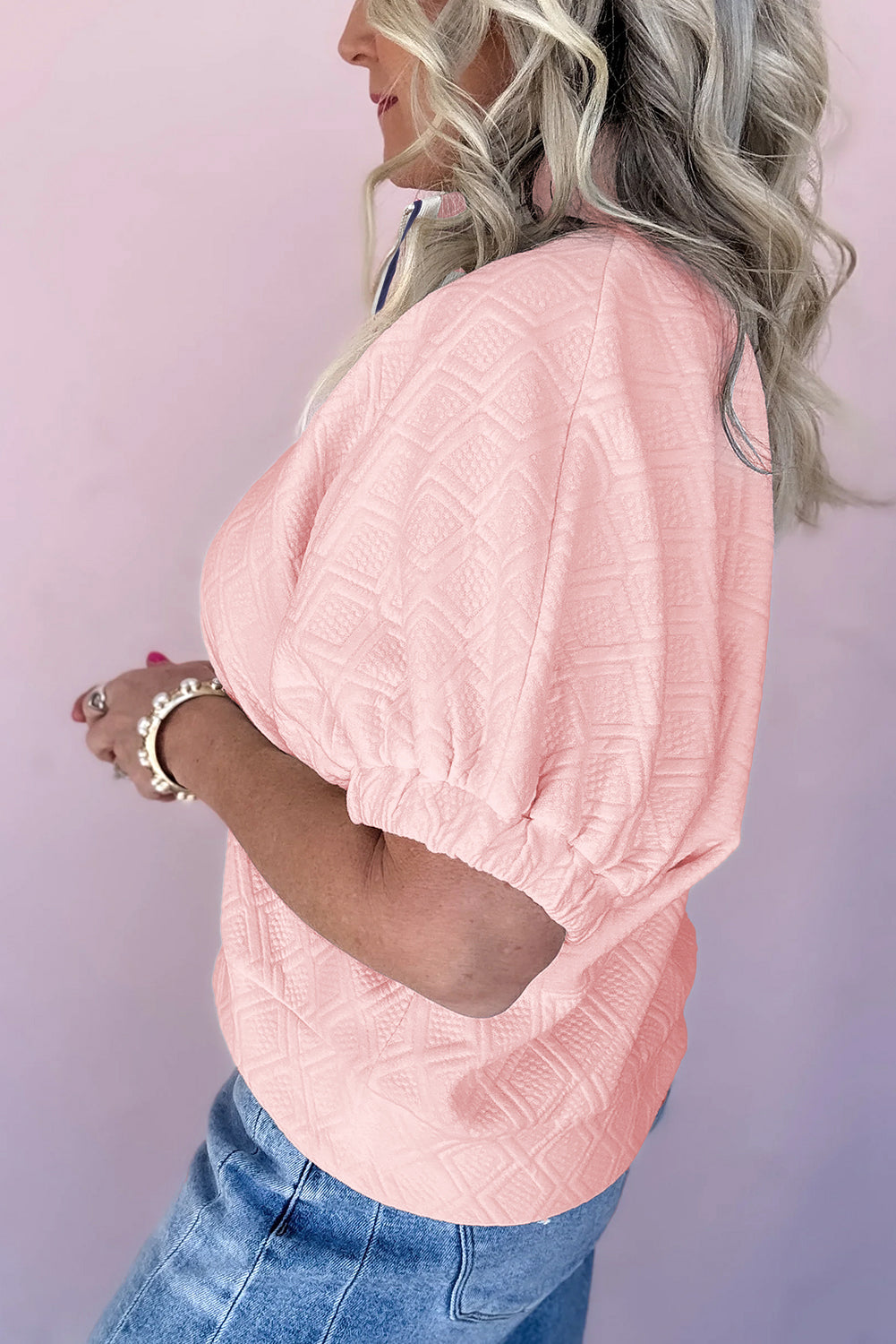 Contrast Striped Collar Patchwork Textured Half Sleeve Blouse eAura