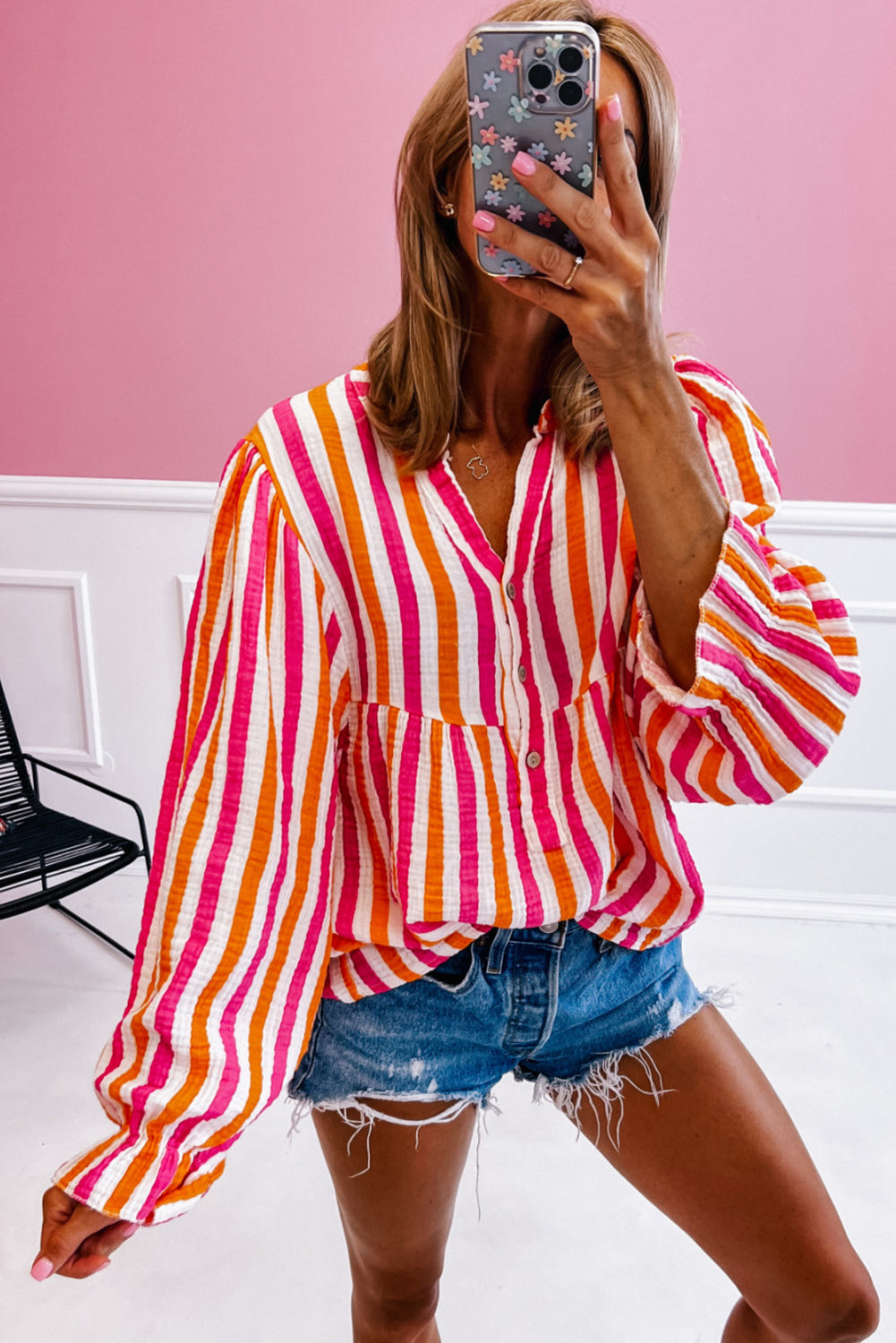 Orange Stripe Balloon Sleeve Notched V Neck Buttoned Front Blouse eAura