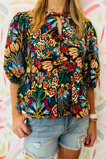 Black Tropical Print Bubble Sleeve Knot Front Blouse eAura