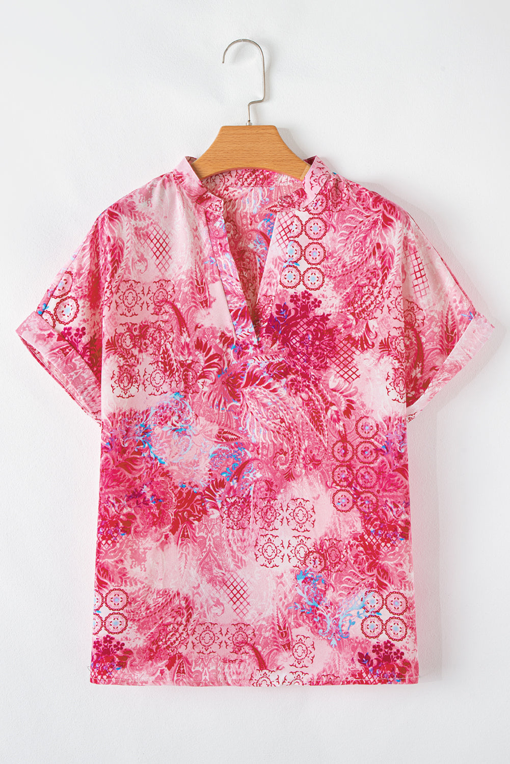 Pink Abstract Floral Print Notch V Neck Rolled Short Sleeve Blouse eAura
