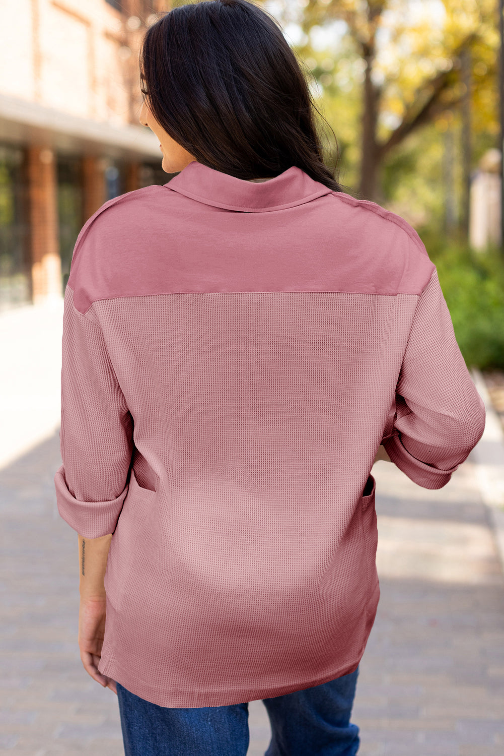 Pink Waffle Long Sleeve Collar Half Button Loose Top eAura