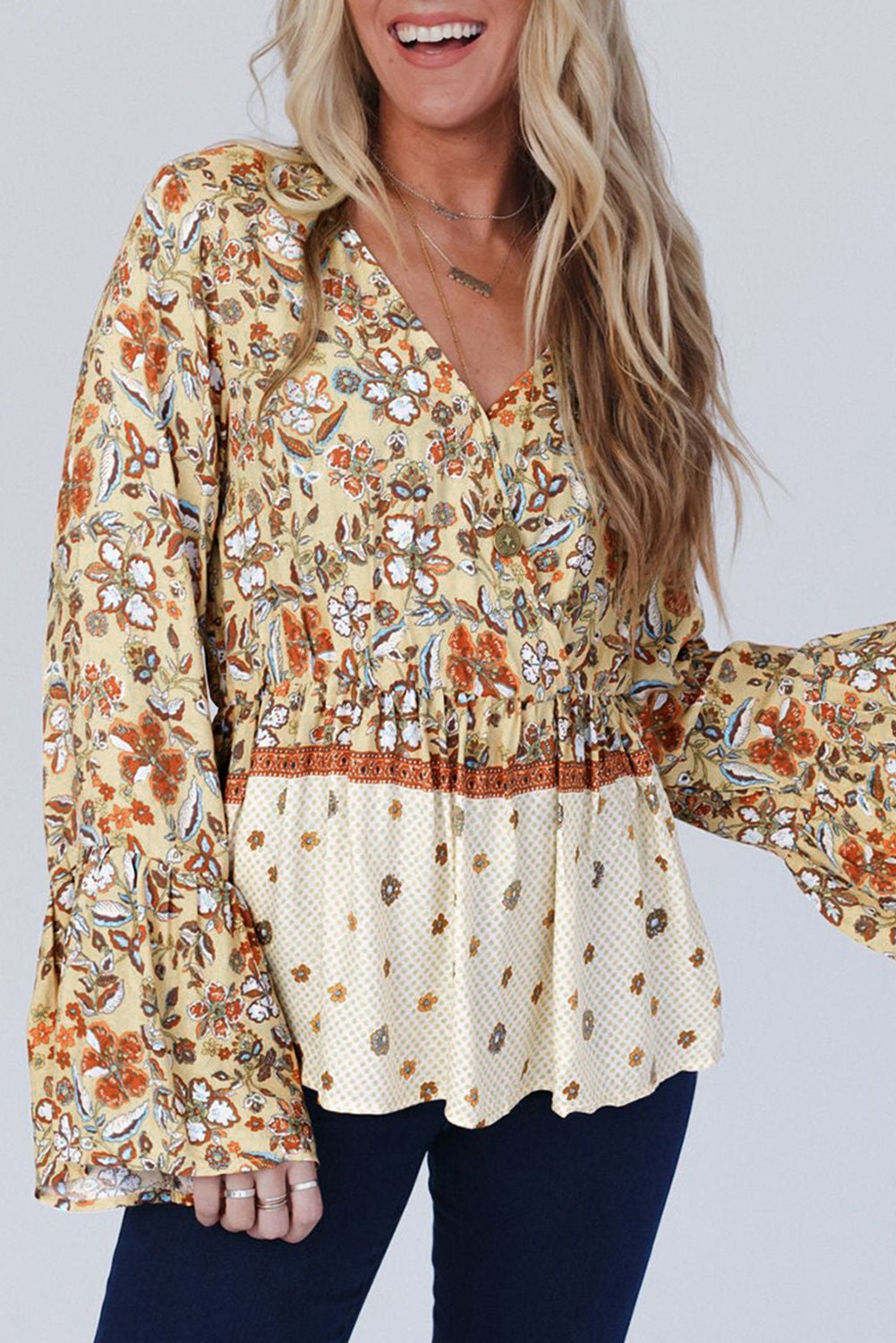 Yellow Printed Floral Bell Sleeve V Neck Wrapped Contrast Peplum Blouse eAura