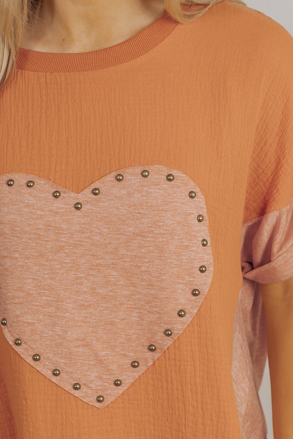 Desert Gold Stud Heart Patch Textured Front Dolman Top eAura