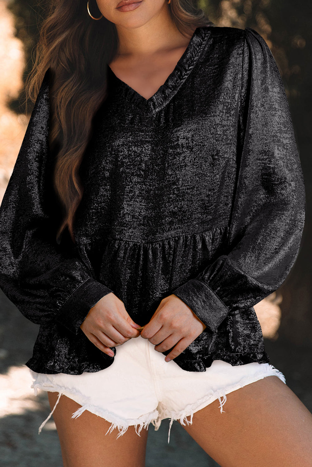 Black Metallic Frilled V Neck Puff Sleeve Babydoll Blouse eAura