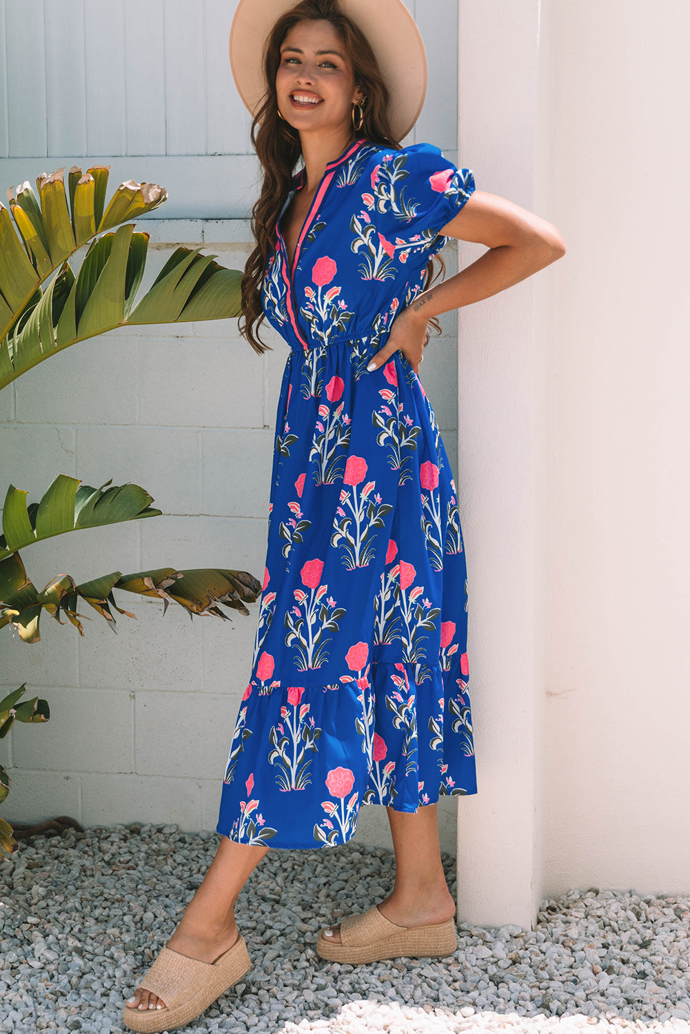 Floral Puff Short Sleeve V Neck High Waist Maxi Dress eAura