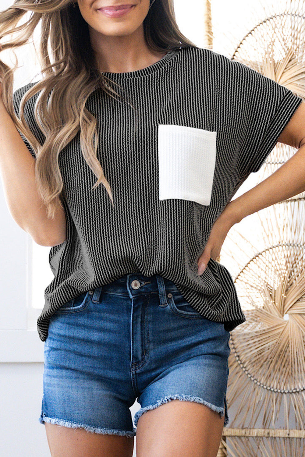 Carbon Grey Ribbed Knit Colour Block Pocketed Crew Neck T Shirt eAura