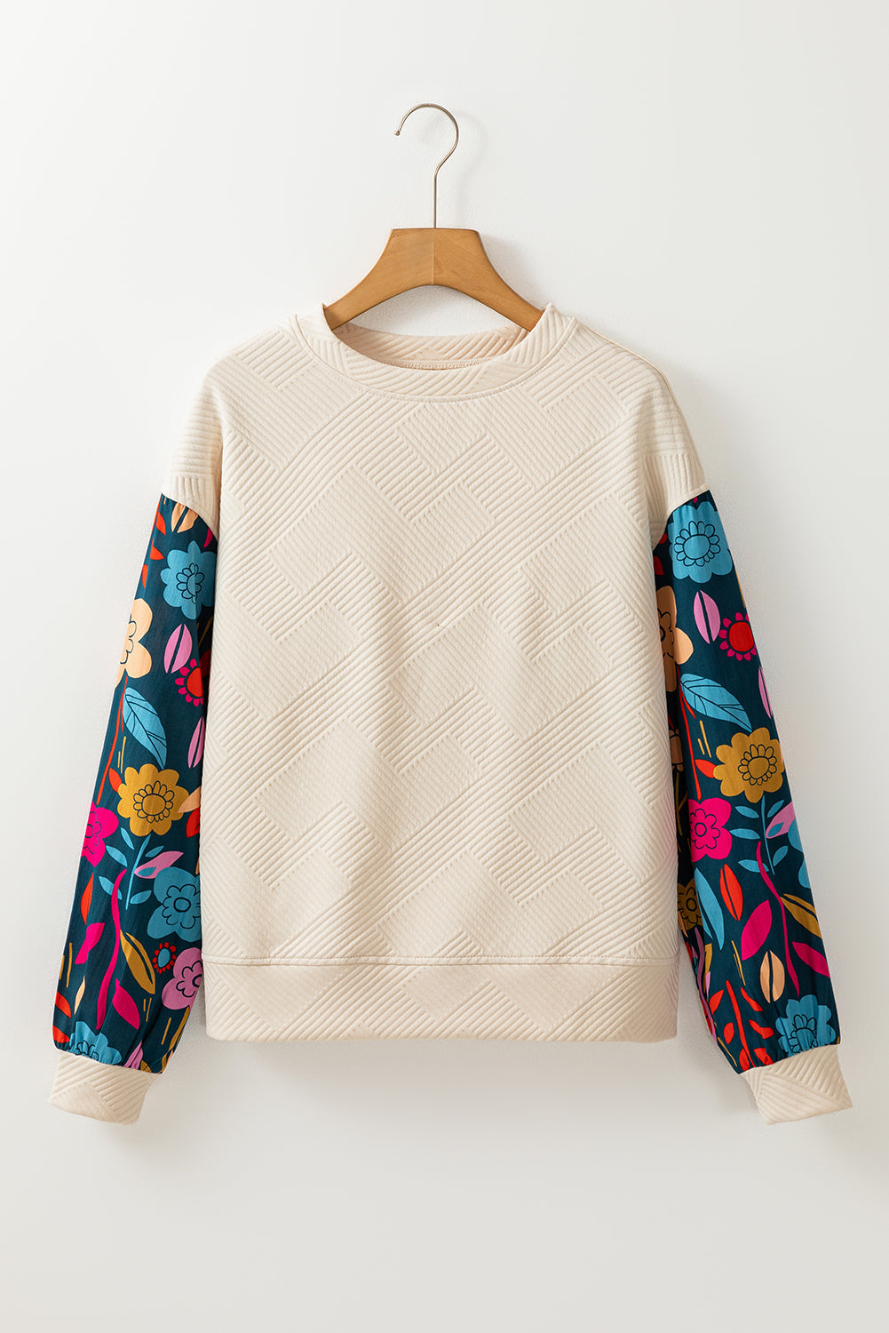 White Contrast Floral Sleeve Textured Drop Shoulder Knit Top eAura