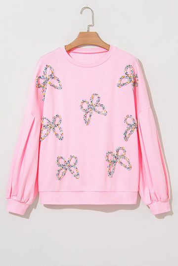 Light Pink Embroidered Bow Lantern Sleeve Oversized Pullover Sweatshirt eAura